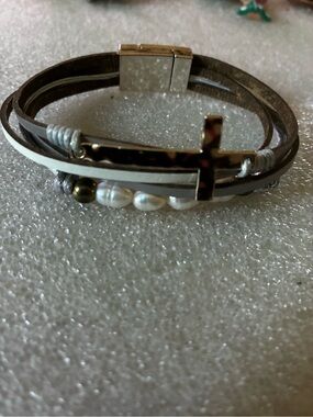 Multi-Strand Brown & White Leather Cross Bracelet with Pearls